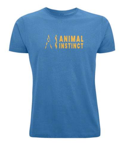 Mens light blue Graphic Animal Instinct T-Shirt with Premium gold AI logo and Animal Instinct written in premium gold Across the middle of the chest