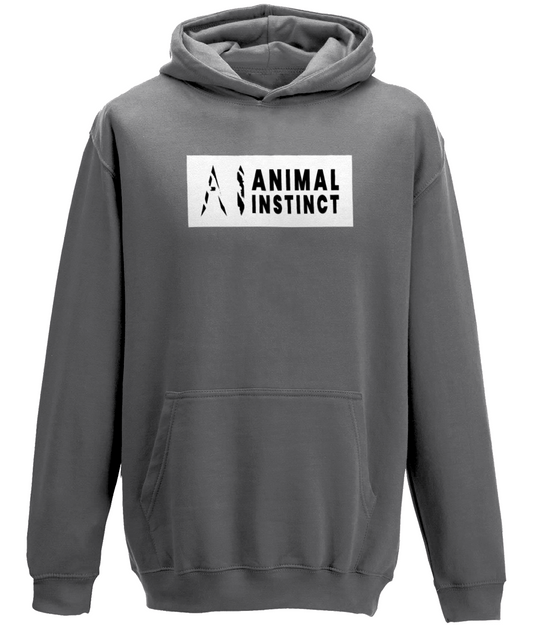 AI Clothing Animal Instinct Dark Grey Hoodie with White Box and Black Writing with Black AI Logo