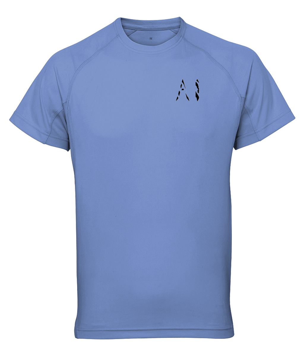 Womens blue grey Athletic Performance Top with black AI logo on left breast