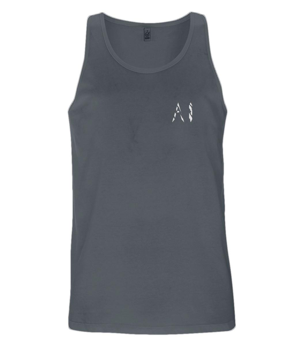 Mens grey Workout Tank top with White AI logo written on the left chest