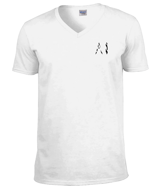 Womens white Classic V Neck T-Shirt with black AI logo on left breast
