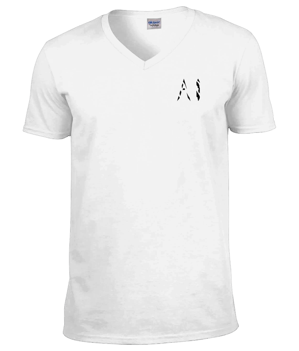 Womens white Classic V Neck T-Shirt with black AI logo on left breast