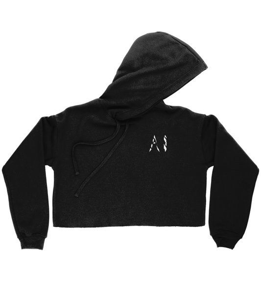 Womens black Cropped Raw Edge Hoodie with white AI logo on the left breast