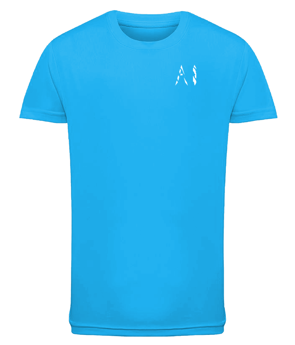 Kids blue cyan Athletic Performance Sports Top with white AI logo on the left chest
