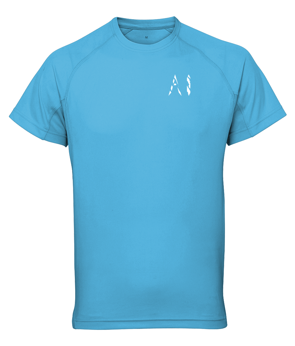 Womens teal blue Athletic Performance Top with White AI logo on left breast
