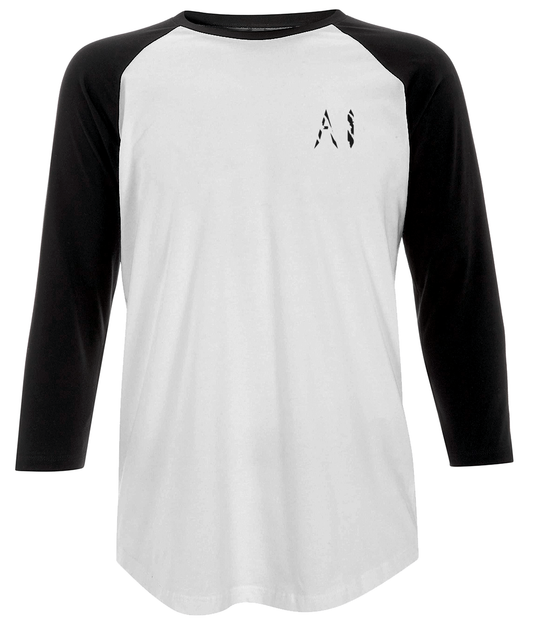 Mens black and white Sublimation Baseball T-Shirt with black AI logo on the left chest