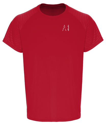 Mens red Embossed Sleeve Premium T-Shirt with white AI logo on the left chest