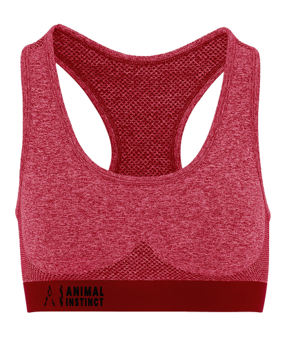 Womens red Athletic Seamless Sports Bra with Black AI logo on the left of bottom strap with Animal instinct
