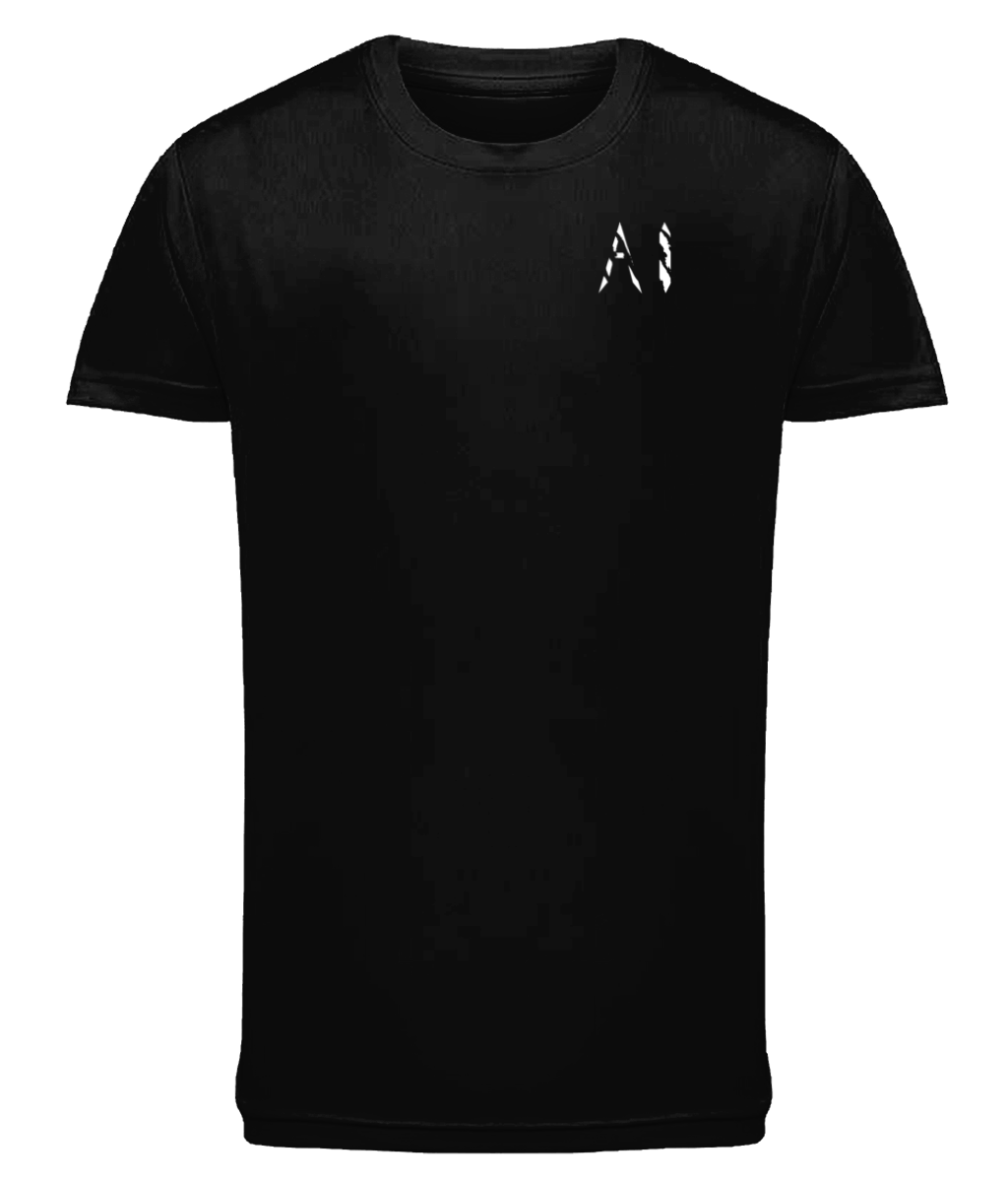 Kids Black Athletic Performance Sports Top with white AI logo on the left chest
