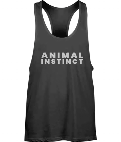 Mens black Workout Hardcore Muscle Vest with large thick Animal Instinct font across the chest