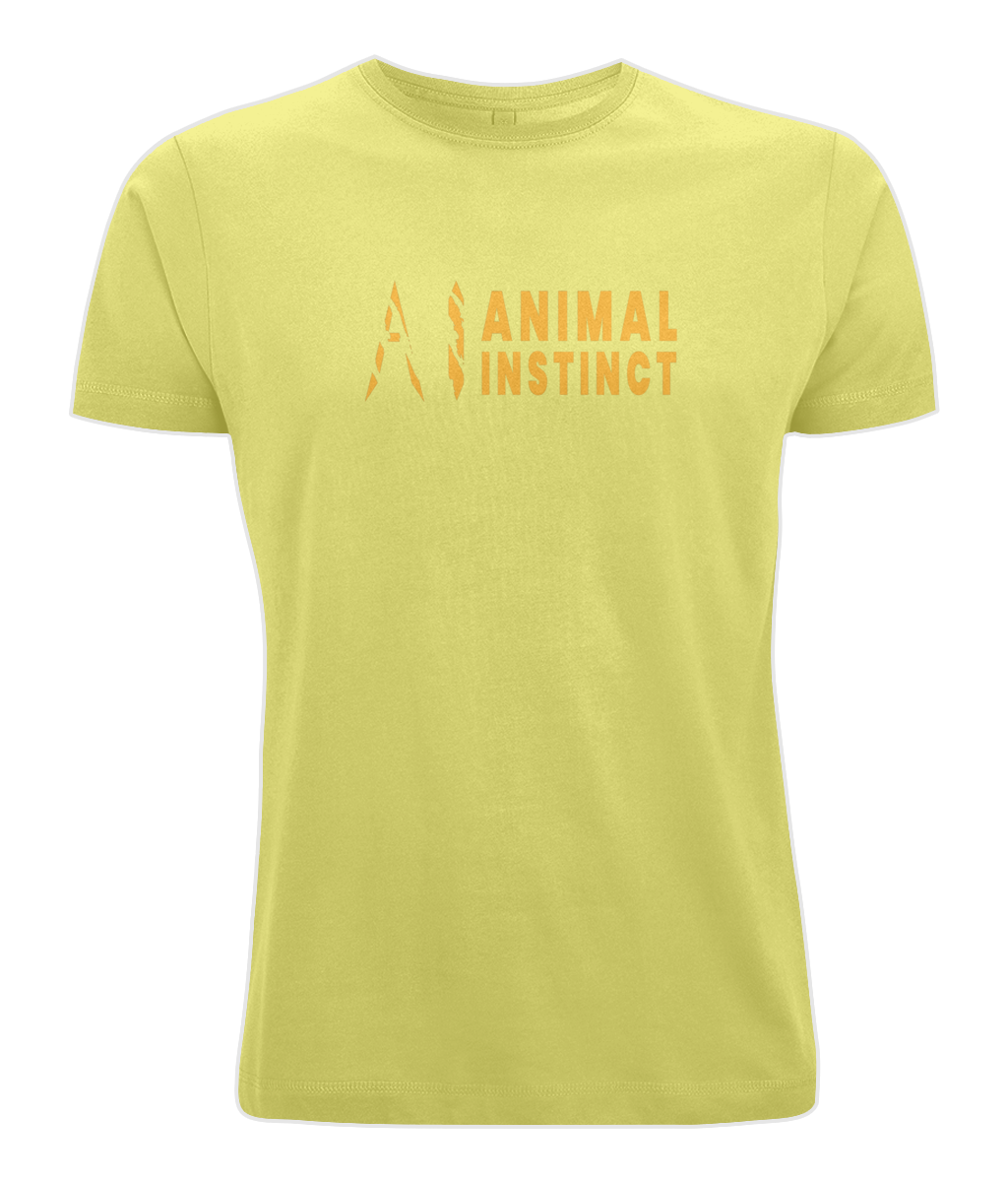 Mens yellow Graphic Animal Instinct T-Shirt with Premium gold AI logo and Animal Instinct written in premium gold Across the middle of the chest