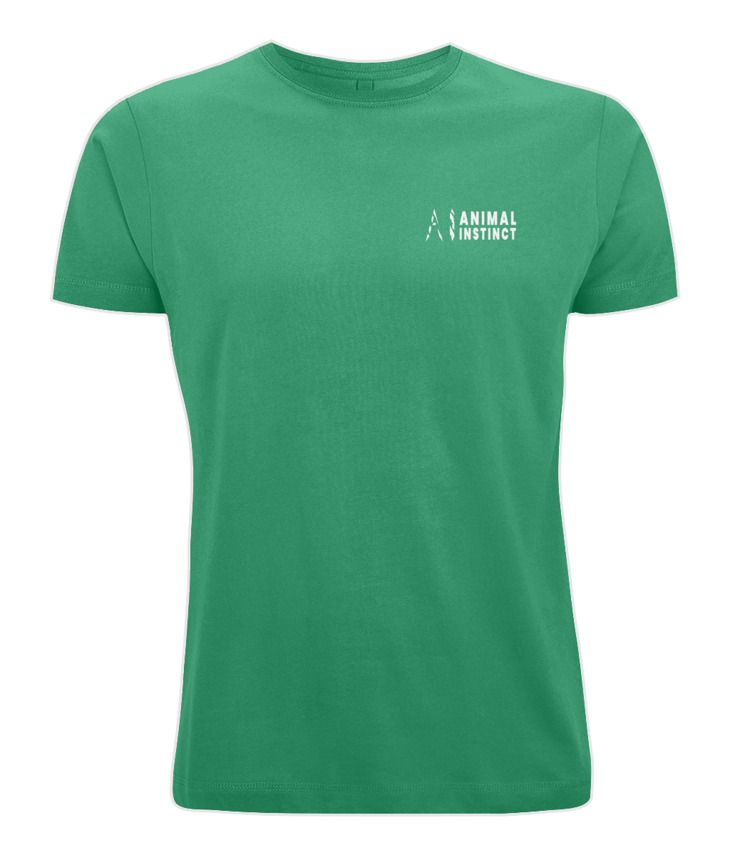 Mens mint green Casual Cotton T-Shirt with White AI logo and Animal Instinct in White writing on the left chest
