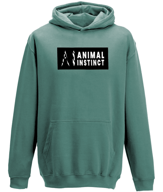 AI Clothing Animal Instinct Green Hoodie with Black Box and White Writing with White AI Logo 