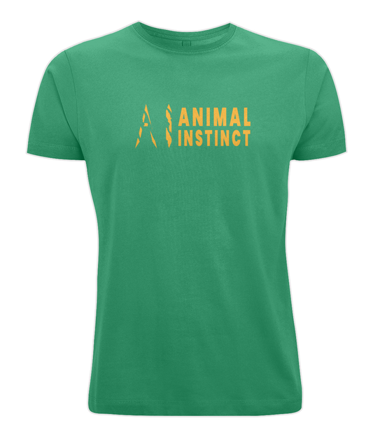 Mens mint green Graphic Animal Instinct T-Shirt with Premium gold AI logo and Animal Instinct written in premium gold Across the middle of the chest