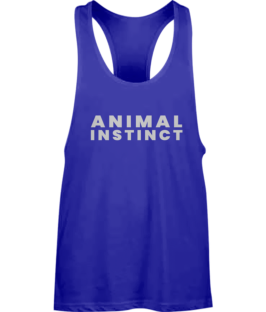 Mens Blue Workout Hardcore Muscle Vest with large thick Animal Instinct font across the chest