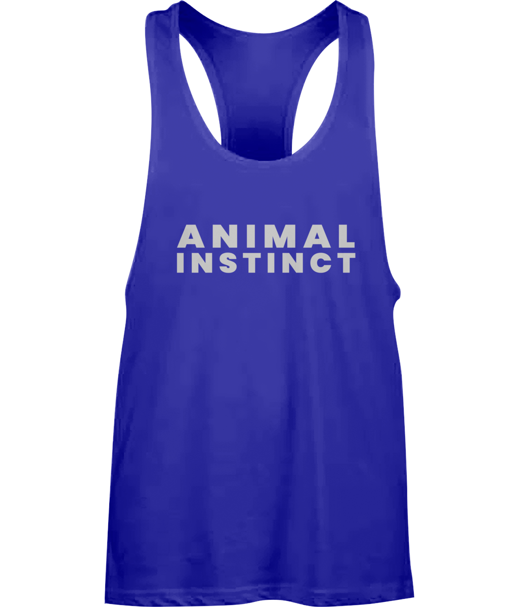 Mens Blue Workout Hardcore Muscle Vest with large thick Animal Instinct font across the chest