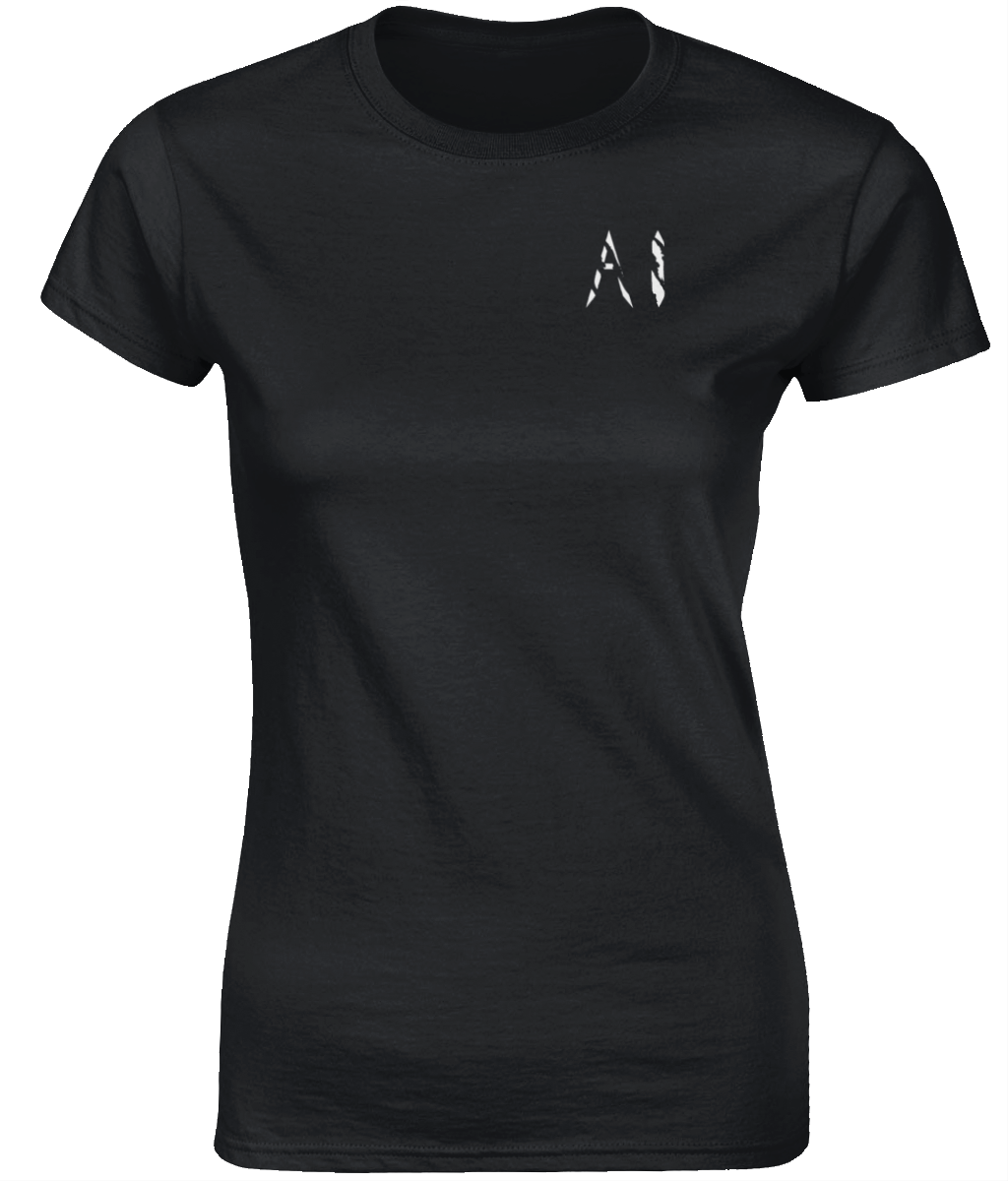 Womens black Fitted Ringspun T-Shirt with White AI logo on left breast