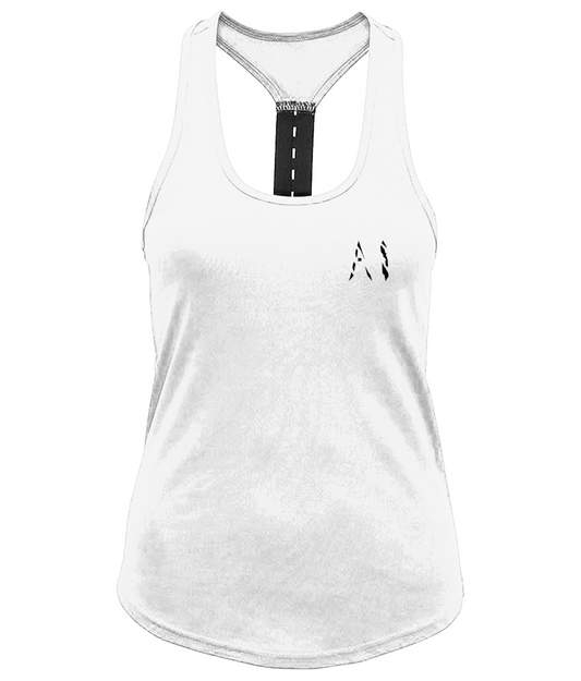 Womens white Workout Performance Strap Back Vest with black AI logo on left breast