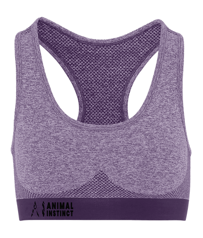 Womens purple Athletic Seamless Sports Bra with Black AI logo on the left of bottom strap with Animal instinct