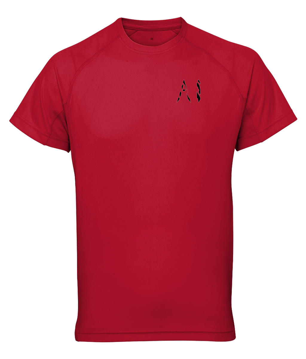 Womens Red Athletic Performance Top with black AI logo on left breast