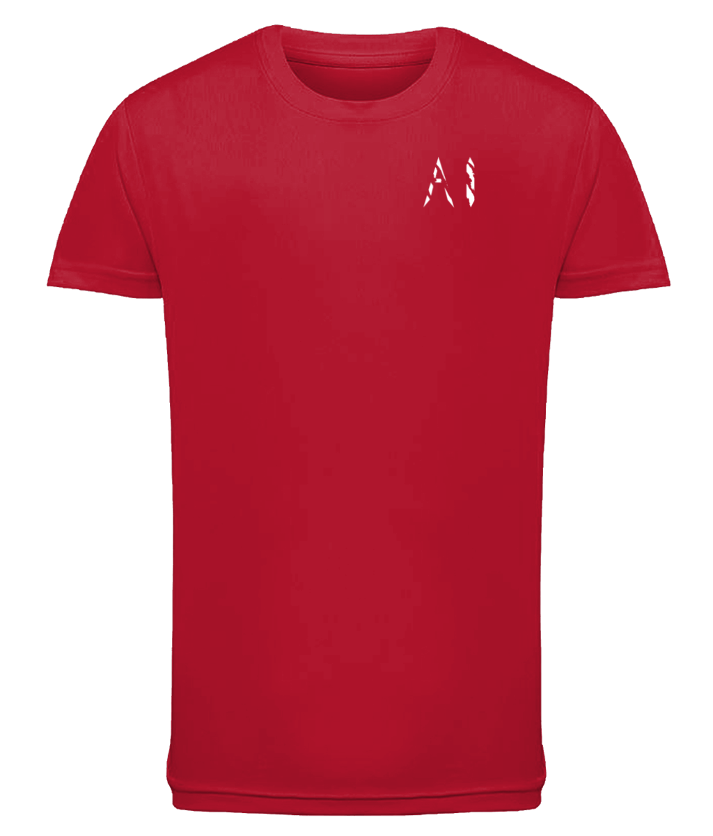 Kids Red Athletic Performance Sports Top with white AI logo on the left chest