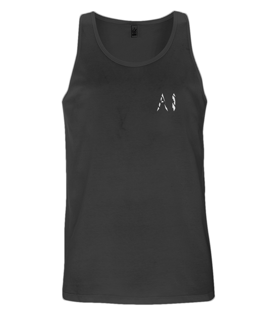 Mens charcoal Workout Tank top with White AI logo written on the left chest