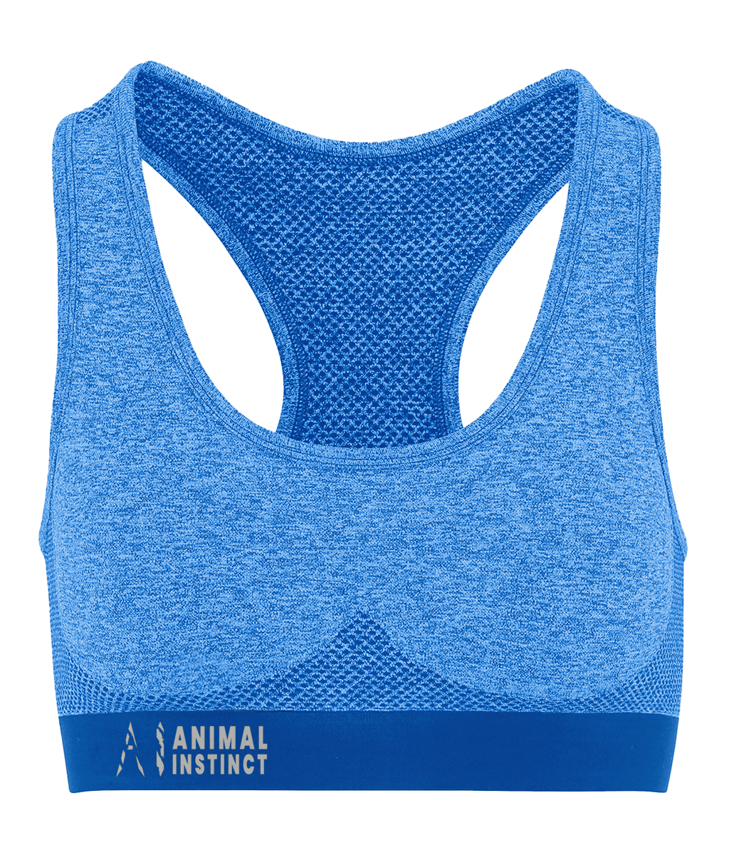 Womens cyan Athletic Seamless Sports Bra with White AI logo on the left of bottom strap with Animal instinct