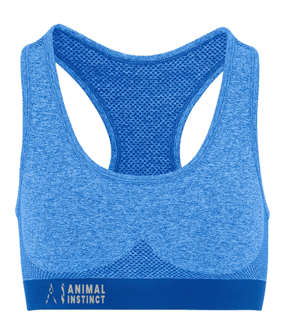 Womens cyan Athletic Seamless Sports Bra with White AI logo on the left of bottom strap with Animal instinct