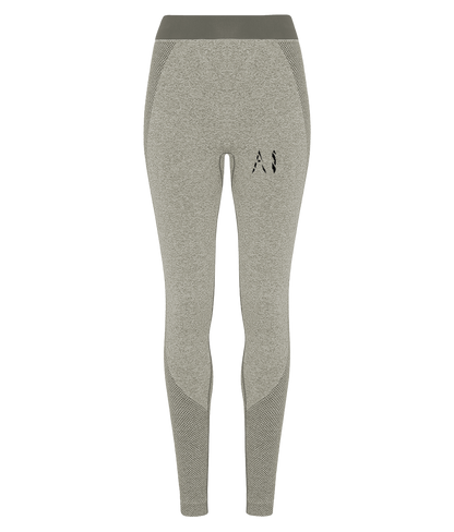 Womens beige Athletic Seamless Sports Leggings with black AI logo on upper thigh