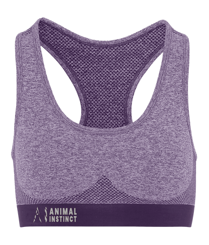 Womens purple Athletic Seamless Sports Bra with White AI logo on the left of bottom strap with Animal instinct