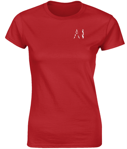 Womens Red Fitted Ringspun T-Shirt with White AI logo on left breast