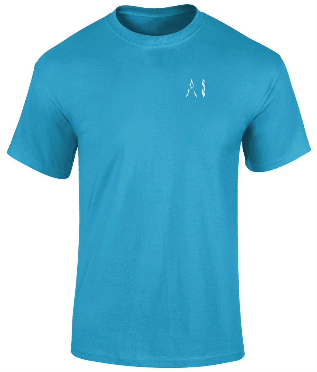 Mens cyan Heavy Cotton T-Shirt with white AI logo on the left chest