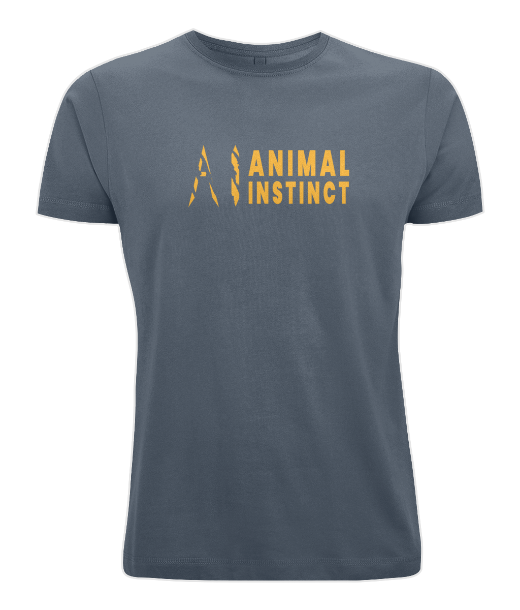 Mens grey Graphic Animal Instinct T-Shirt with Premium gold AI logo and Animal Instinct written in premium gold Across the middle of the chest
