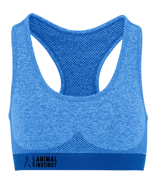 Womens blue Athletic Seamless Sports Bra with Black AI logo on the left of bottom strap with Animal instinct