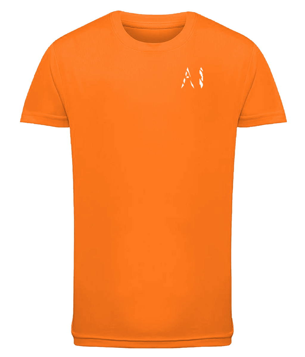 Kids Orange Athletic Performance Sports Top with white AI logo on the left chest