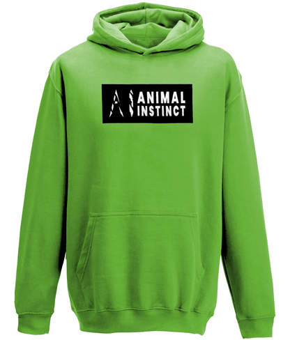 AI Clothing Animal Instinct Lime Green Hoodie with Black Box and White Writing with White AI Logo