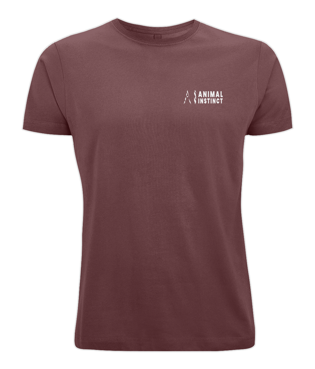 Mens brown burgundy Casual Cotton T-Shirt with White AI logo and Animal Instinct in White writing on the left chest