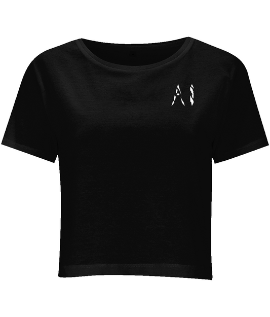 Womens Cropped Tee Black with white AI logo on left breast