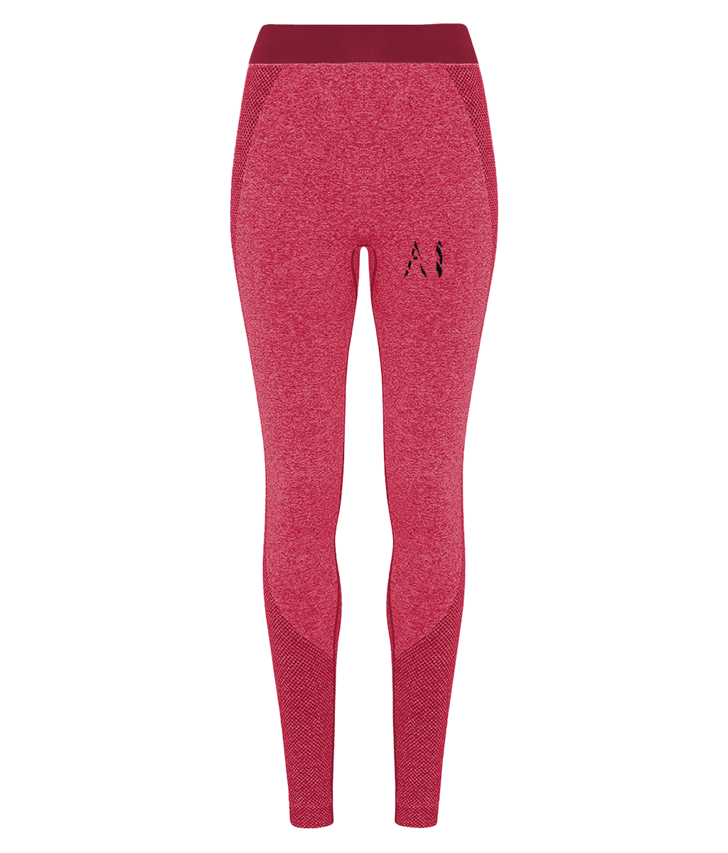 Womens Red Athletic Seamless Sports Leggings with black AI logo on upper thigh