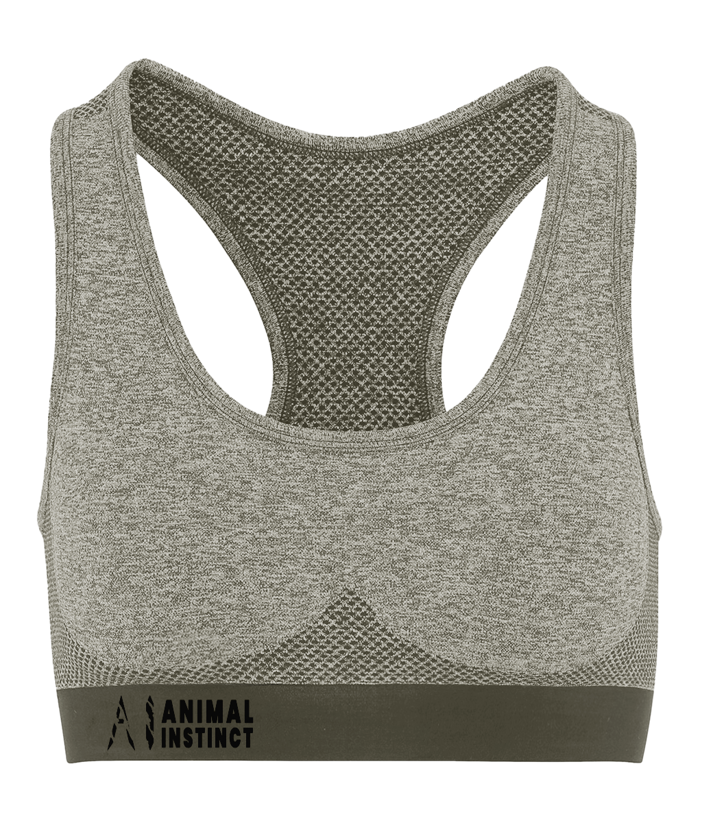 Womens beige Athletic Seamless Sports Bra with Black AI logo on the left of bottom strap with Animal instinct