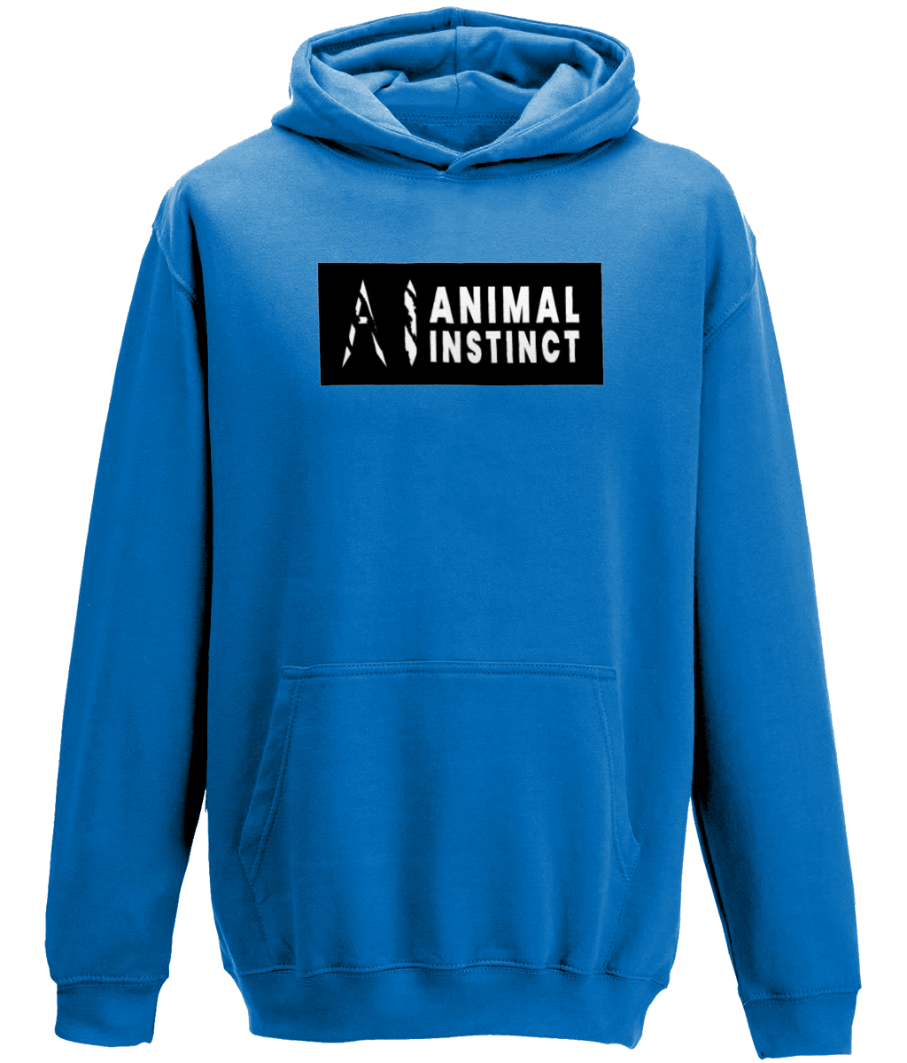 AI Clothing Animal Instinct Dark Blue Hoodie with Black Box and White Writing with White AI Logo