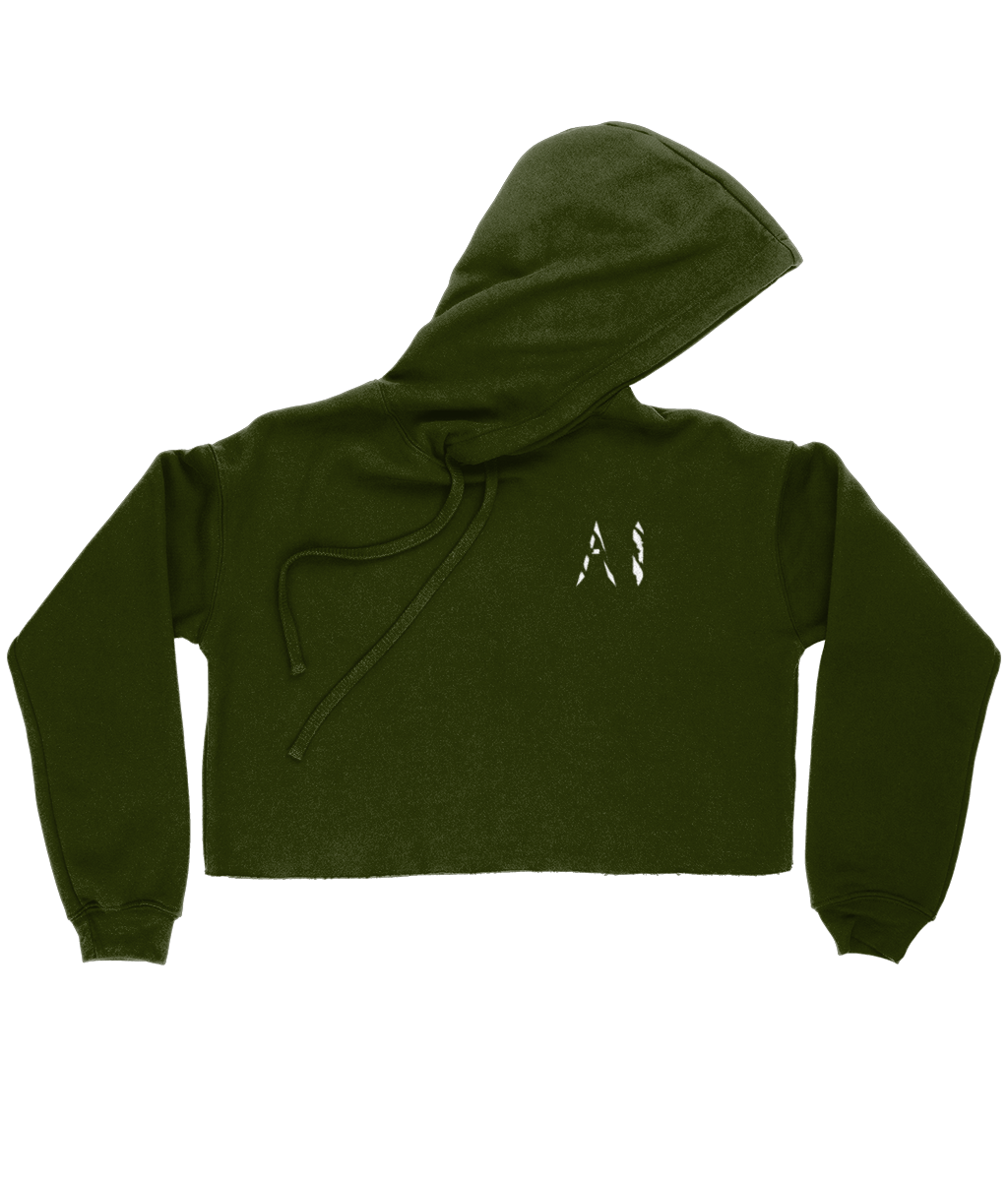 Womens army green Cropped Raw Edge Hoodie with white AI logo on the left breast