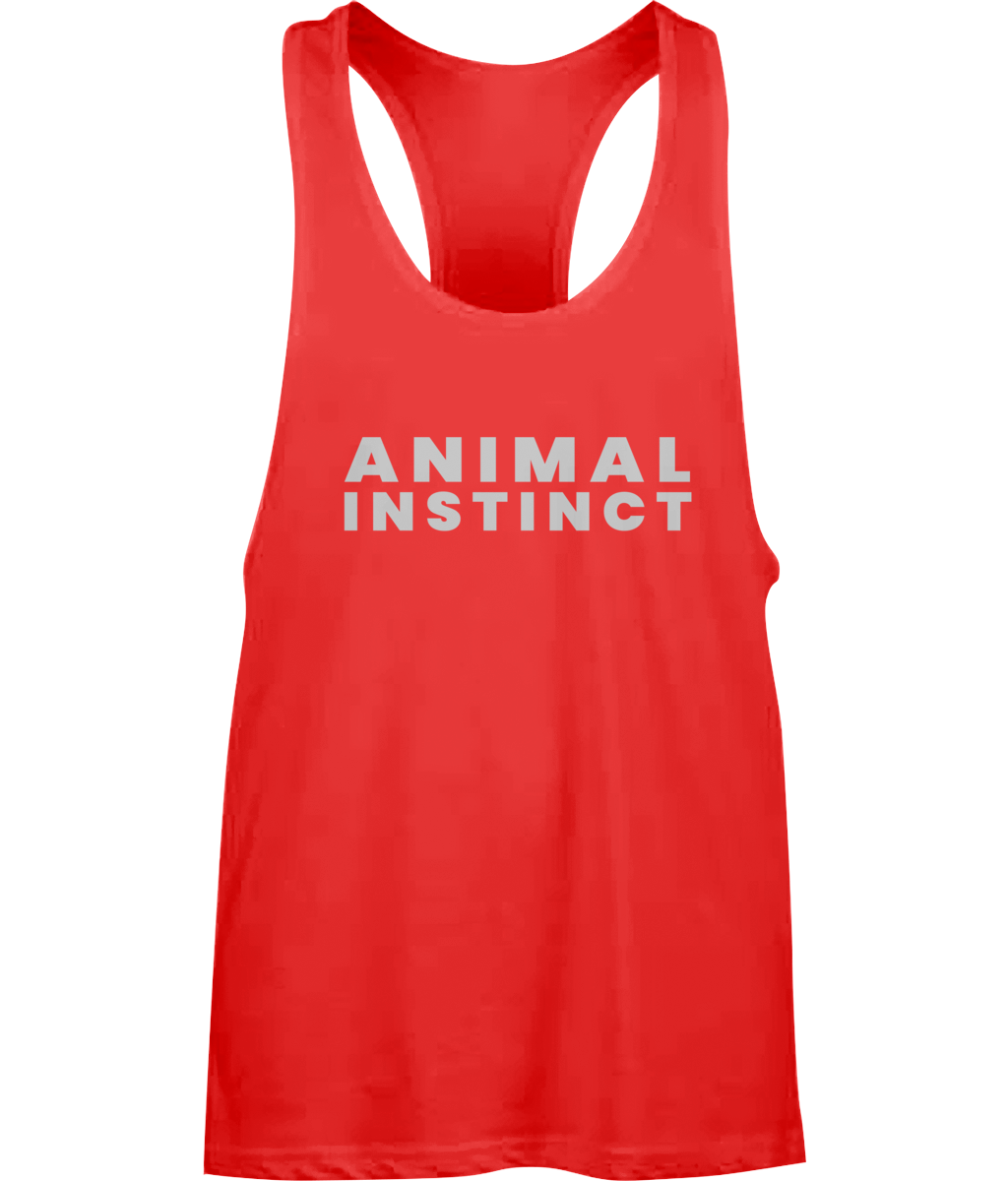 Mens Red Workout Hardcore Muscle Vest with large thick Animal Instinct font across the chest