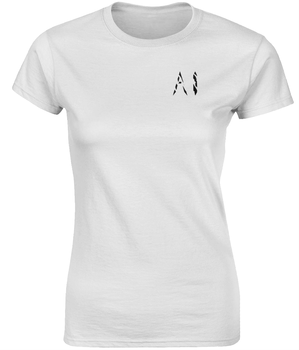 Womens white Fitted Ringspun T-Shirt with black AI logo on left breast