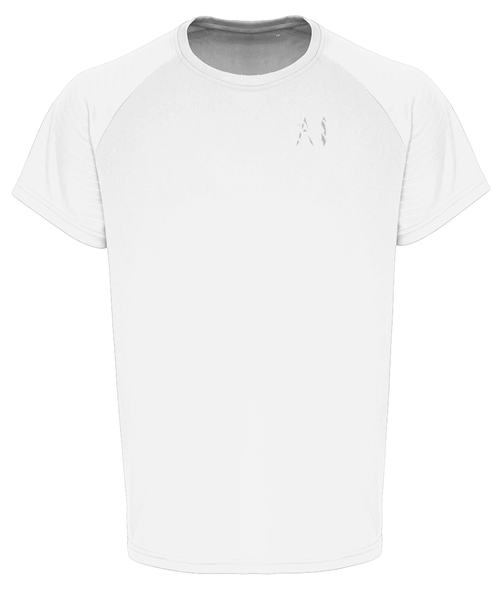 Mens White Embossed Sleeve Premium T-Shirt with black AI logo on the left chest