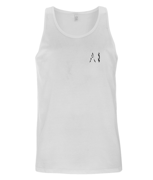 Mens White Workout Tank top with black AI logo written on the left chest