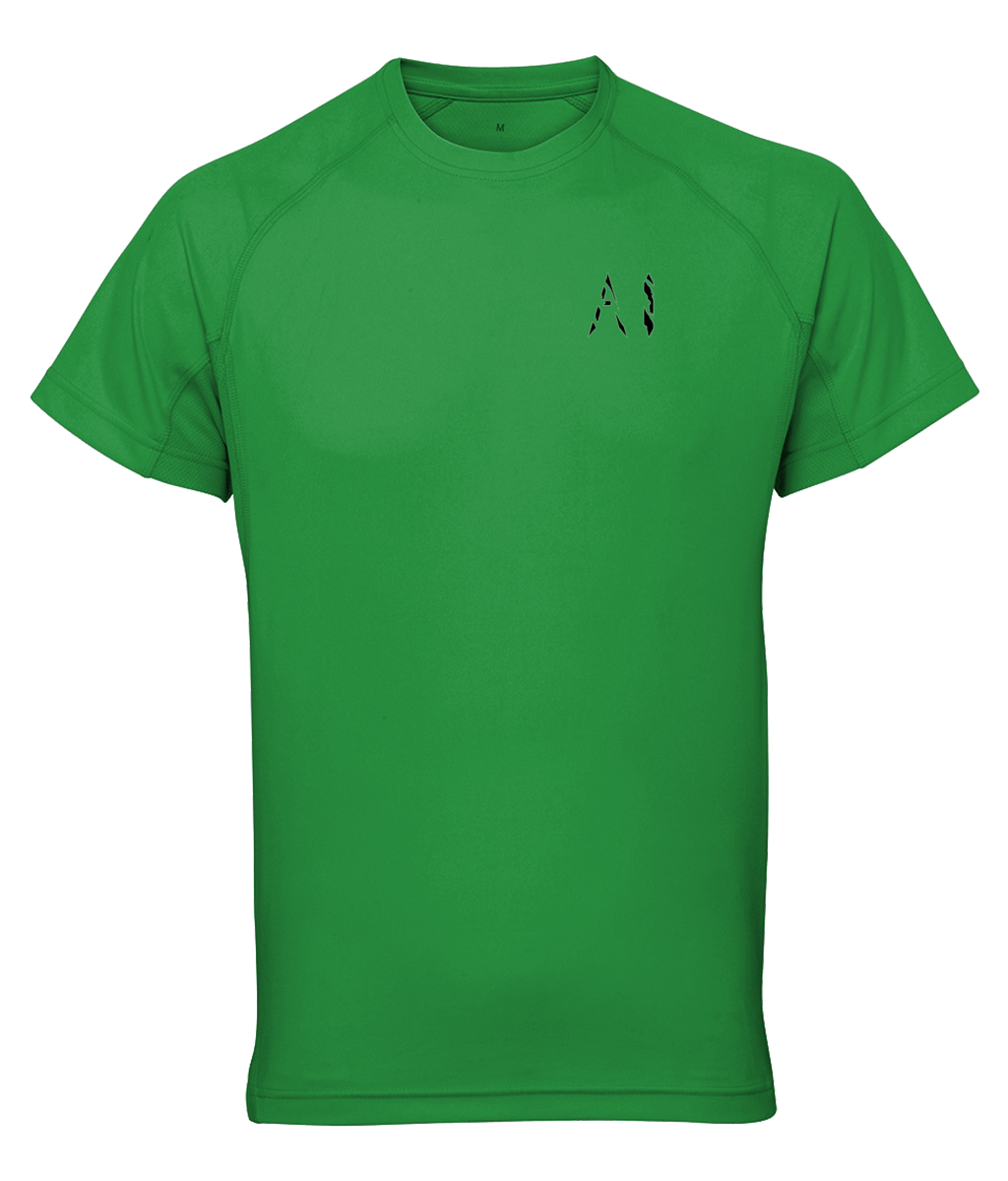 Mens green Athletic Performance Top with black AI logo on the left chest