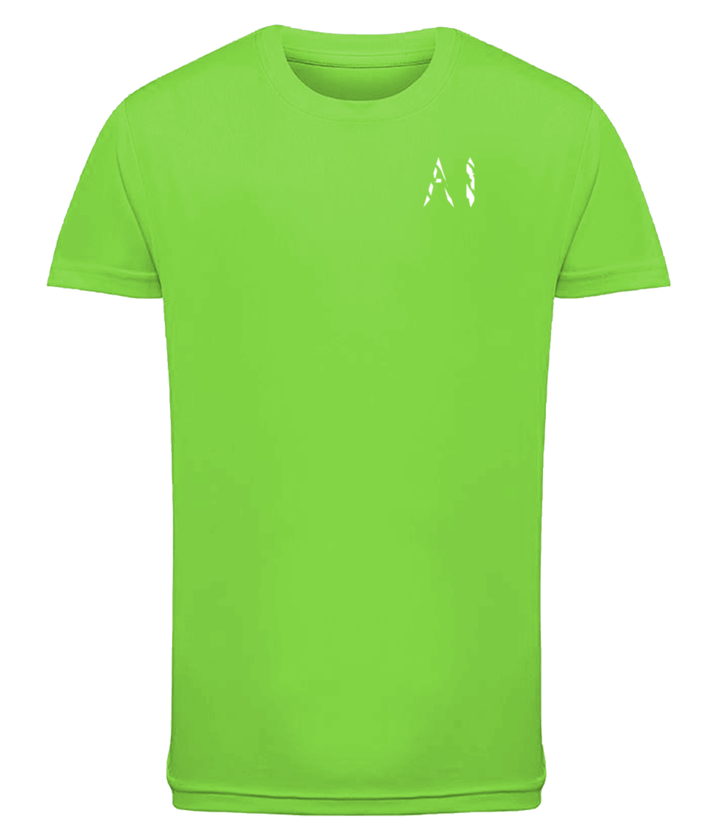 Kids Lime Green Athletic Performance Sports Top with white AI logo on the left chest