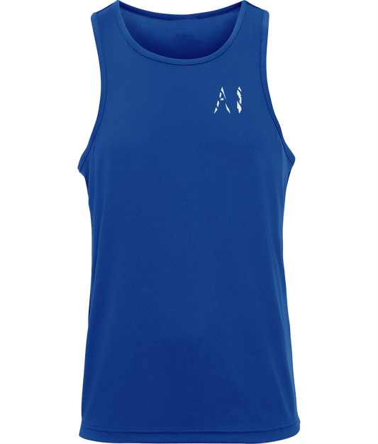 Mens blue Workout Sports Vest with white AI logo written on the left chest