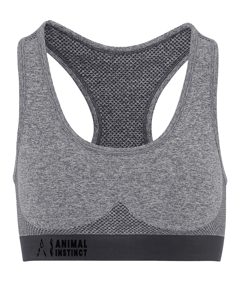 Womens Athletic Seamless Sports Bra with Black AI logo on the left of bottom strap with Animal instinct